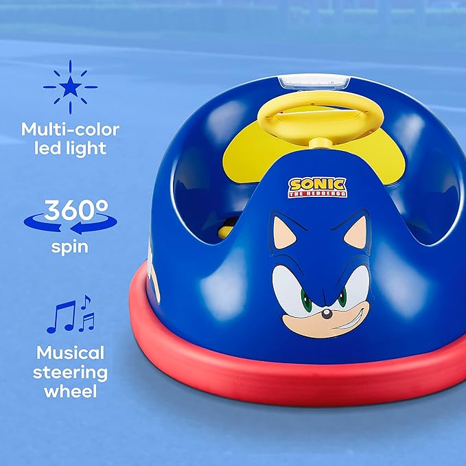 Sonic The Hedgehog Bumper Car for Kids, 2 Speed Electric Vehicle, Toddler Bumper Car with Remote Control and 360 Degree Turning, 6V Motor, LED Lights, Gifts for Toddlers, Large