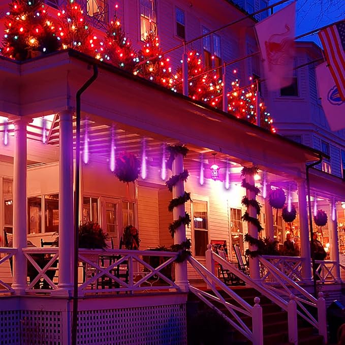 Aokudoni Christmas Decorations Outdoor, Upgraded 12inch/30cm Meteor Shower Rain Lights, Purple Icicle String Lights for Xmas Tree Decoration Holiday New Year Party, UL Plug