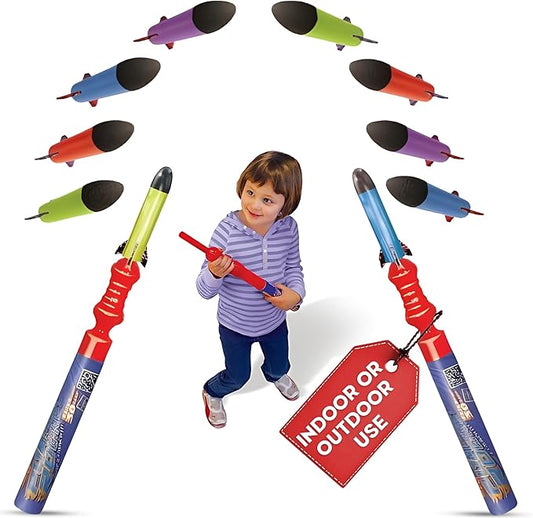 Geospace Hand Held Pump Rocket Combo Battle Pack – Flying Foam Rockets Outdoor Toys for Kids, Boys & Girls – 19" Set with 2 Launchers & 10 Rockets Set – Hand Stomper Rocket Toy - Cool Toys for Fun