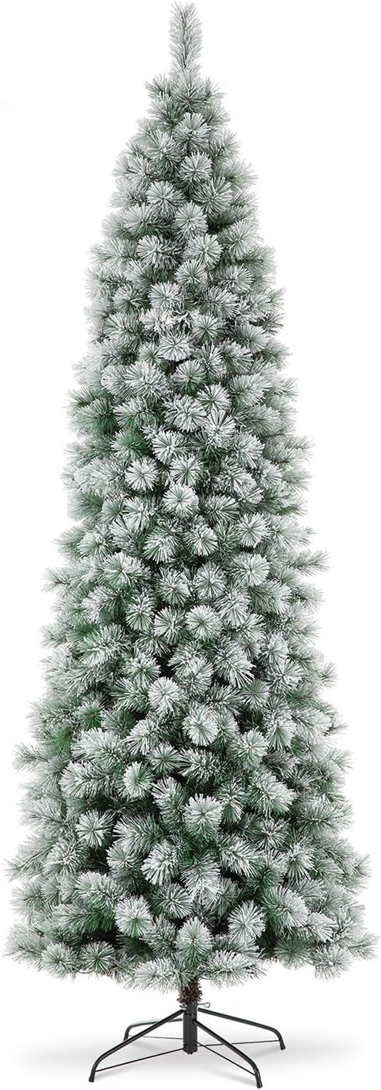 Glitzhome 9ft Prelit Christmas Tree, Flocked Pencil Artificial Christmas Tree with 500 Warm White Lights, Pine Christmas Trees w/Foldable Metal Stand for Home, Office, Party Decoration, Easy Assembly