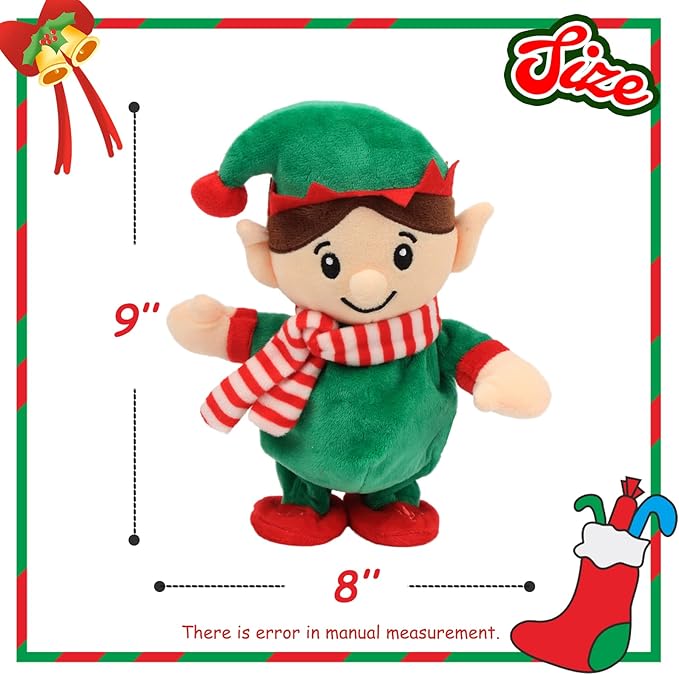 Hopearl Talking Singing Elf Repeats What You Say Walking Electric Interactive Animated Toy Speaking Plush Buddy Gift for Toddlers, Green, 8.5''
