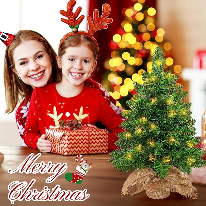 Pre-lit Mini Christmas Tree, 2ft Christmas Tree with 50 Led Warm Lights, Artificial Christmas Tree with 72 Branch Tips, Battery Operated Small Xmas Tree for Table Desk Best Holiday Home Decorations