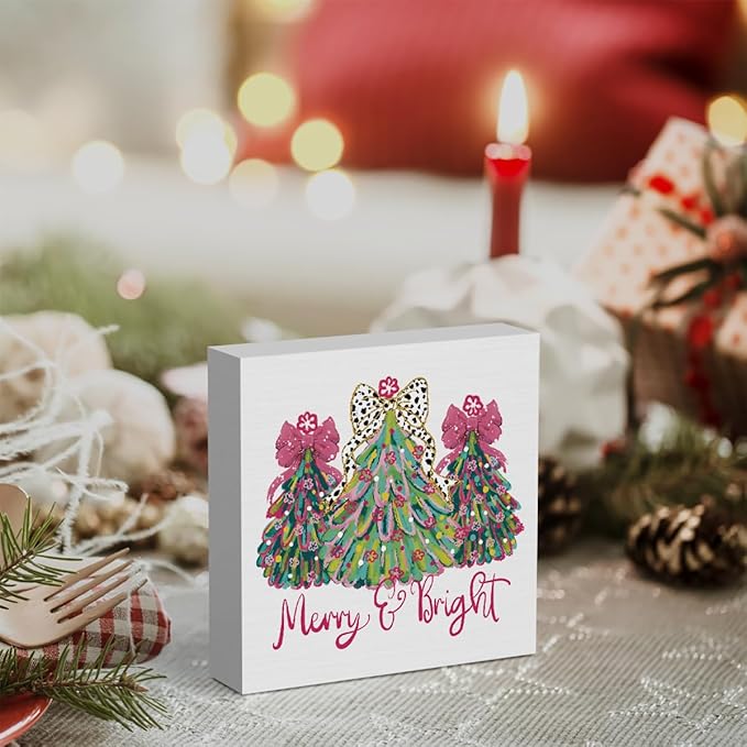 Pink Merry Christmas Wall House Decor Merry and Bright Christmas Tree Coquette Sign, Office Home Decor for Desk Table Shelf 5 X 5 inch