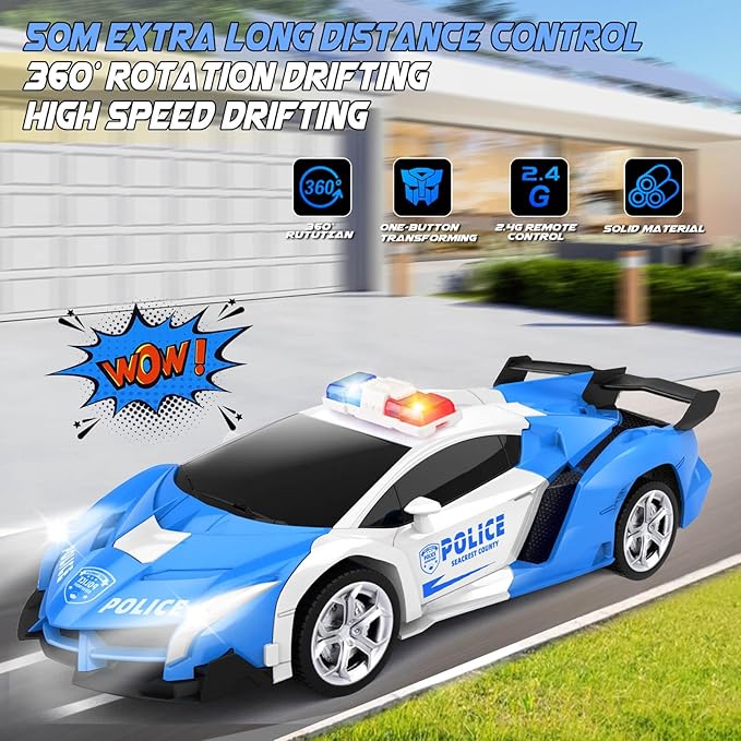 Transform Remote Control Car - Rc Cars, One-Button Transforming, 360° Rotation Drifting, 2.4ghz 1:18 Scale, Gift Kids Aged 4-6 Year Old Boys/Girls, Police Car Blue