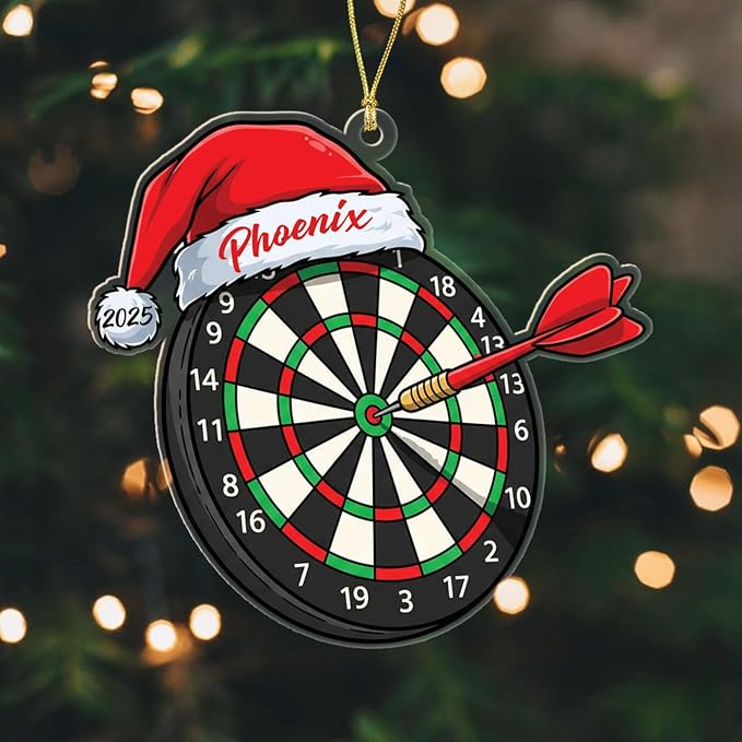 Personalized Dart Board Santa Hat Shaped Xmas Ornament 2025, Dart Board Christmas Ornament Gift for Darts Lover Men Women Dad Mom Daughter Son, Custom Year Name Ornaments for Darts Fans Player Team