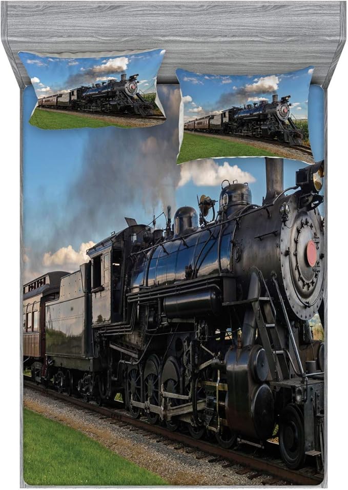 Ambesonne Steam Engine Fitted Sheet & Pillow Sham Set, Vintage Locomotive in Countryside Scenery Green Grass Puff Train Picture, Decorative Printed 3 Piece Bedding Decor Set, Calking, Blue Green