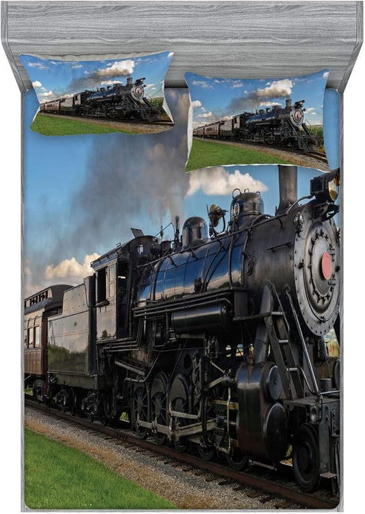 Ambesonne Steam Engine Fitted Sheet & Pillow Sham Set, Vintage Locomotive in Countryside Scenery Green Grass Puff Train Picture, Decorative Printed 3 Piece Bedding Decor Set, Calking, Blue Green