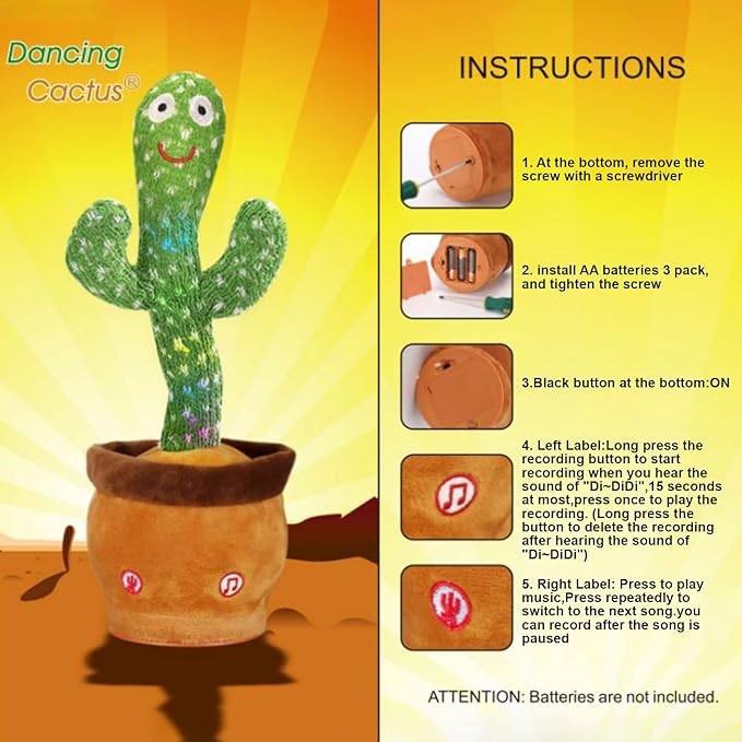 Emoin Talking Dancing Cactus Toy Mimicking Toy, Singing Cactus Mimicking Recording Repeating What You Say with LED English Songs for Toddlers Boys Girls, Interactive Baby Toys