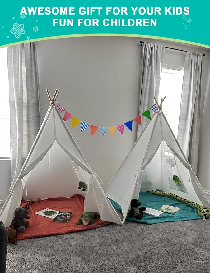 Teepee Tent for Kids Slumber Party 2 Pack: Star Lights & Colored Flag - Indoor Outdoor Toddler Play Tent for Girls Boys Birthday Gifts Sleepover Party (White)