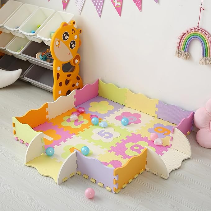 Foam Play Mat for Kids，25Pcs Square Interlocking Puzzle Floor Mat，Baby Play Mat Floor Mat Foam Puzzle Playmat for Toddlers with Fence（Number-CSH011