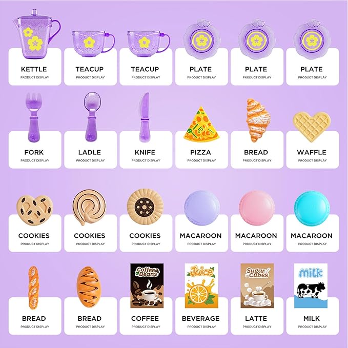 Tea Party Set for Little Girls, Pretend Dessert Food Set for Kids Age 3 4 5 6 7 8 9, Kids Kitchen Pretend Play Dessert Set for Girls Princess Boys (Purple)
