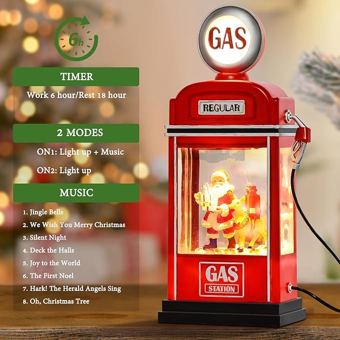 Christmas Snow Globe Lantern Santa in Gas Station with Music, Spinning Water lamp with 6H Timer, Christmas Decorations Festival Ornament for Kids