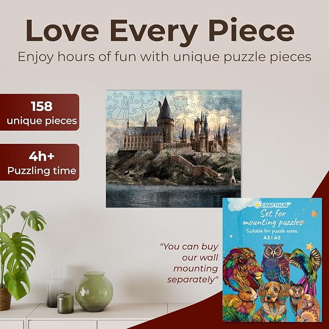 CRAFTHUB Harry Potter Puzzle - Hogwarts Castle - A3 Size - Wooden Jigsaw Puzzles for Adults - 158 Unique Shaped Pieces - Officially Licensed Merchandise - 10.8" x 12.5"