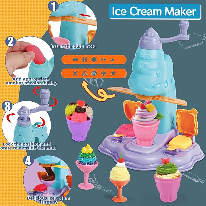 104 PCS 4 in 1 Color Dough Sets for Kids Ages 3-4-8, Dough Tools Accessories Kit, Ice Cream Playset Noodle Cookie Cake Maker, Pretend Play Kitchen Creations Food Toys Arts Crafts for Toddler Girl Boy
