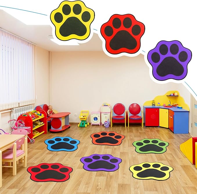 12 Pcs Dog Paw Kids Carpet Seats 16 Inch Colorful Floor Mat Floor Cushions for Kids Classroom Non Slip Carpet Seats for School Classroom Group Activity Marker Playroom Home Learning Area