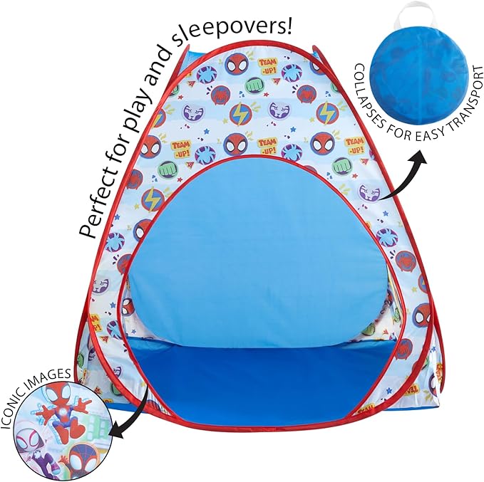 Marvel Spidey and His Amazing Friends 3 Piece Adventure Slumber Set,Pop-Up Play Tent,Pillow & Flashlight,Fun Playhouse for Kids Ages 3