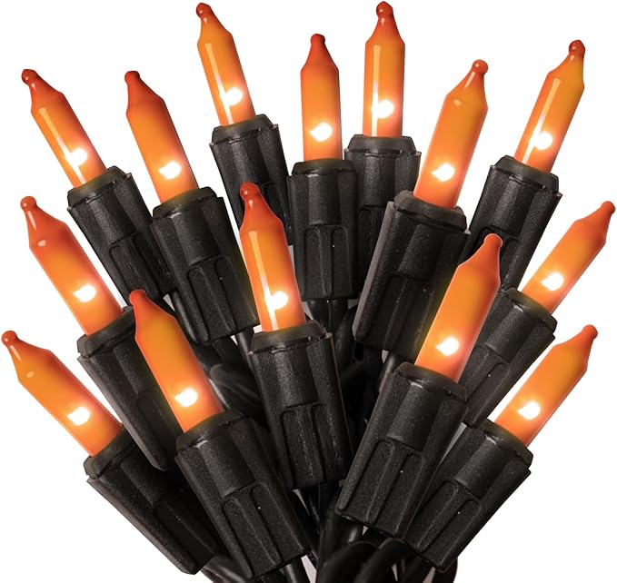 PREXTEX Halloween Lights (20 Feet, 100 Bulbs) - Halloween Party Decorations and Christmas Lights with Black Wire - Holiday Decorations Indoor or Outdoor String Twinkle Lighting - Orange