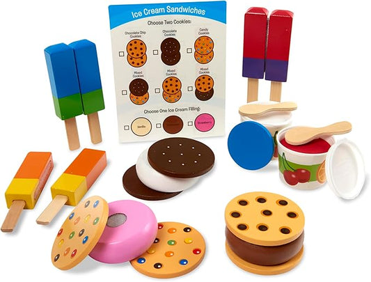 Melissa & Doug Wooden Frozen Treats Ice Cream Play Set (24 pcs) - Play Food and Accessories Food Toys for Toddlers and Kids 3+