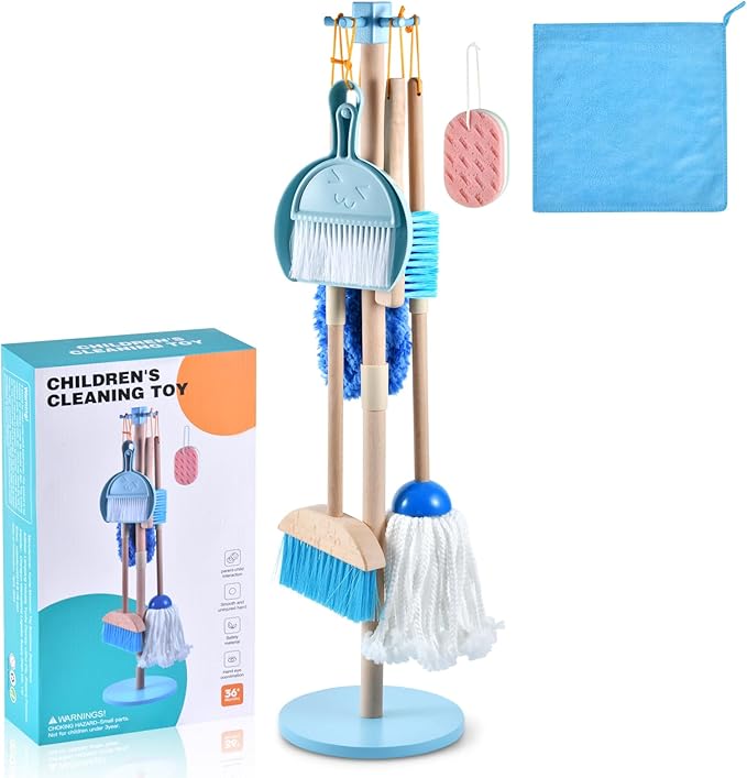 WHOHOLL Wooden Toddler Cleaning Set, Blue Toys Montessori Toys for 3+ Years Old Boy, Housekeeping Play Set Includes Broom Mop Duster Dustpan Sponge and Organizing Stand, STEM Skill Developmental Gift