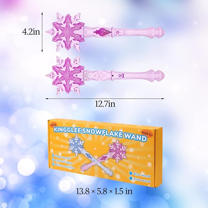 KingGlee Light Up Frozen Snowflake Wands with Sound(Motion Sensitive) Magic Toy for Kids Girls Princess Party Favors Costume Cosplay Accessories 2 Pieces Pink