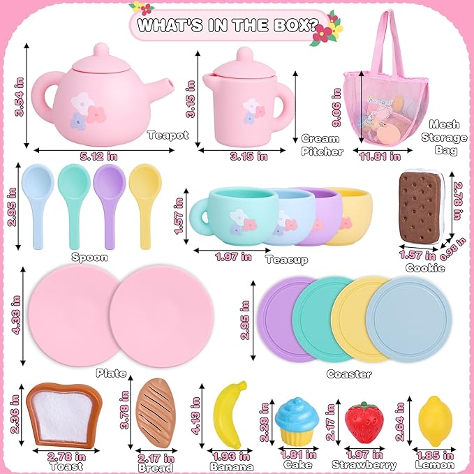 Silicone Tea Party Set for Little Girls,PRE-WORLD 27PCS Toys Toddler Tea Set with Play Food Dessert Cookies,Doughnut,Cake,Carrying Bag,Kids Kitchen Pretend Role Gifts for Girls Boys Age 3 4 5 6