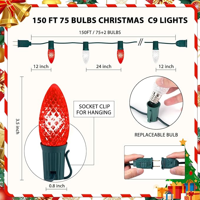 Minetom C9 LED Commercial Outdoor Christmas Lights – 150 FT Red and Pure White Christmas String Lights, Waterproof Connectable UL Certified C9 Lights for Indoor Roofline Xmas Decor