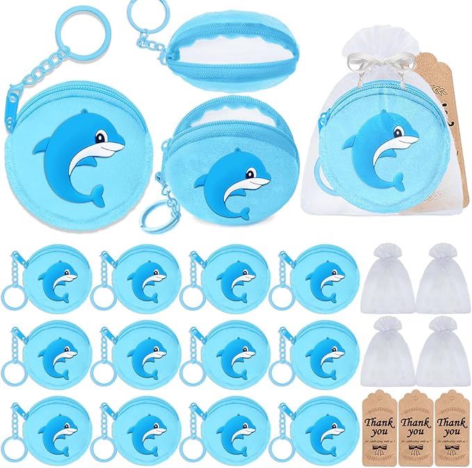 36 Pack Dolphin Change Purses Set Include 12 Dolphin Wallets with Keyring, 12 Thank You Tags and 12 Organza Bags for Dolphin Ocean Sea Animals Under the Sea Party Supplies,Blue