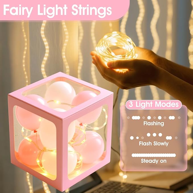 Ledido Baby Boxes with Letters for Baby Shower Decoration, 4 pcs Clear Baby Balloon Boxes Blocks with LED Fairy String Lights 38 Balloons for Boy Girl Gender Reveal Birthday Party (Pink)