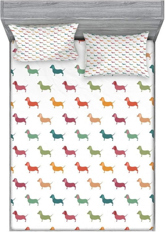 Ambesonne Scottie Dog Fitted Sheet & Pillow Sham Set, Repeating Pattern of Soft Pastel Colored Happy Little Dachshund Breeds, Decorative Printed 3 Piece Bedding Decor Set, Calking, Plum Orange