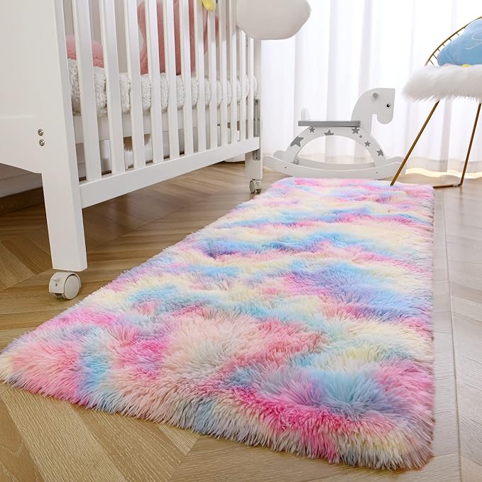 Ompaa Soft Fluffy Rainbow Runner Rug for Girls Bedroom Carpets, Kawaii Tie Dye Kids Rugs for Teens Unicorn Dorm Aesthetic, Pastel Shaggy Nursery Area Rug for Baby Princess Room, 2x4 Feet
