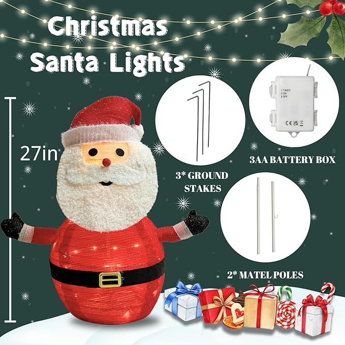 Lighted Pop-UP Christams Santa Claus Decorations, 27 Inch Santa with 45 LED Lights, Battery Powered Collapsible Pre-lit Santa for Indoor Outdoor Christmas Decorations Garden Yard Xmas Decor, Timer