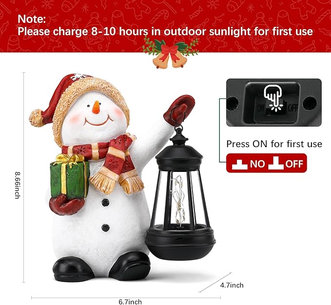 Solar Christmas Snowman Decoration Resin Snowman Outdoor Statue with LED Lantern for Porch Garden Patio Yard Home Decor Christmas Gardening Gifts for Women Mom