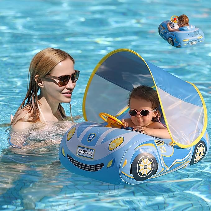 3D Car Thick PVC Inflatable Baby Swim Pool Float with Sun Shade Cover and Steering Wheel - Age 1-4 Years Old
