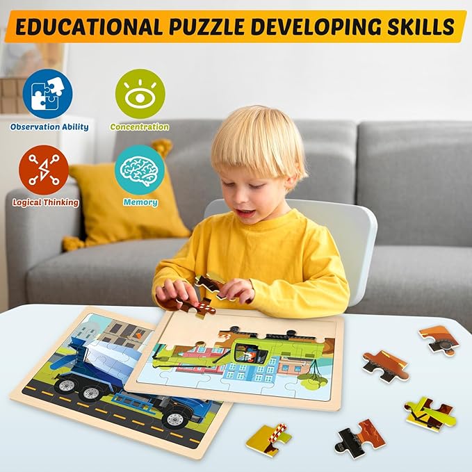 Wooden Puzzles for Kids Ages 4-6, 4 Packs 24 PCS Construction Vehicle Jigsaw Puzzles for Kids Ages 3-5, Preschool Educational Puzzles Boards Toys Gifts for Boys Girls
