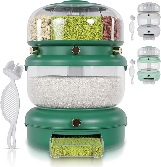 Airtight Rice Container Dispenser- Rotating Rice Dispenser with Strainer, 6 Grain Holding Options- Versatile Grain Storage Container for Pantry, Food Bucket for Cereal, Beans, Oatmeal (Green)