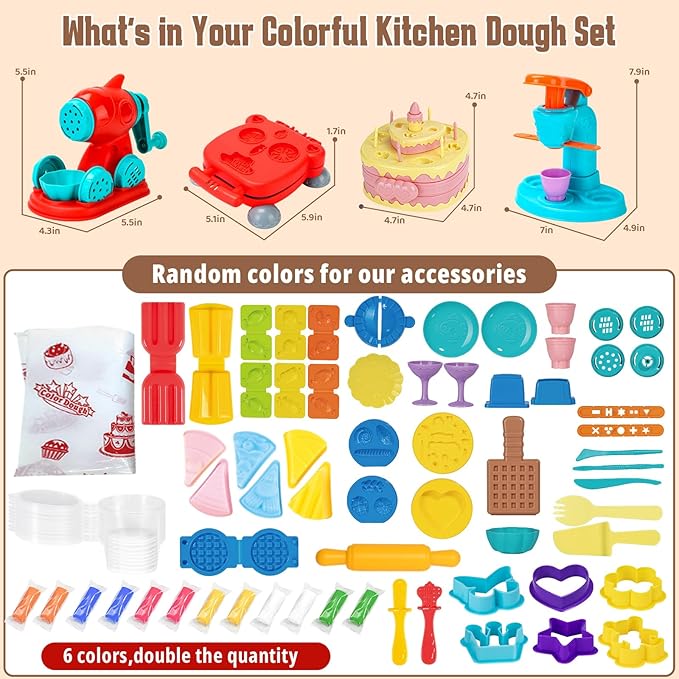 4 in 1 Dough Sets 70 PCS for Kids Ages 4-8, Dough Tools Kit with Ice Cream Noodle Hamburger Cake Maker Machine, Kitchen Creations Art Crafts Food Play Toys for Boys Girls Ages 3+