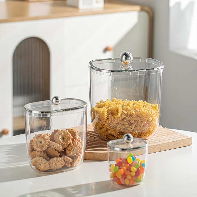 50oz Plastic Candy Dish with Lid for Office Desk, Cookie Storage Jar for Kitchen Counter, Plastic Apothecary Jar for Cotton Swabs, Balls, Cotton Pads, Floss Picks, Clear Lid, 1500ml