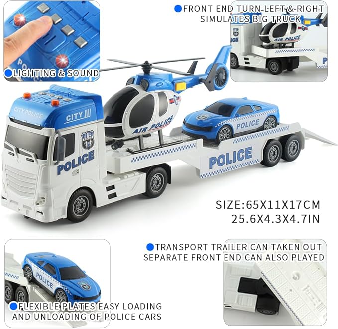 25" Police Toys Vehicle Truck Push & Go Rescue Playset 3 in 1 Includes Mini Police Car and Helicopter Toy in Semi Carrier Truck Gift for Toddlers Boys Age 3+(Police Trailer)