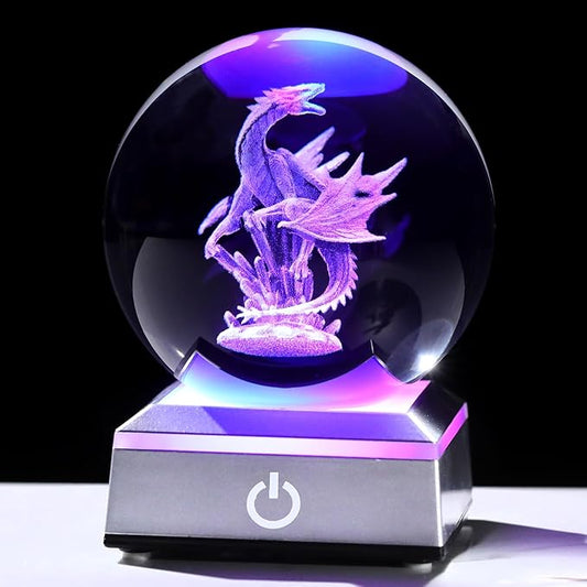 3D Dragon Crystal Sphere Gifts for Women Men Kids with Colorful LED Light Base 3.15 inch, Dragon Night Light for Boy Girl Xmas Cool Dragon Figurines Home Decor