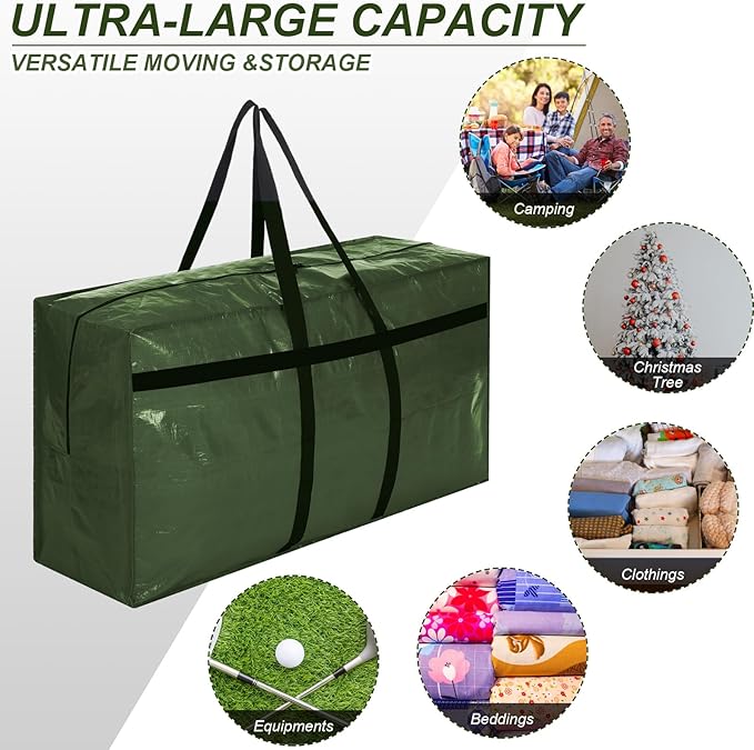 Windyun 4 Pack 57 Gallon Extra Large Storage Bag XXL Moving Bag with Zipper Handle Heavy Duty Jumbo Big Tote Box for Halloween Skeleton 4-12 Feet Christmas Tree Storage College Dorm Cloth (Army Green)