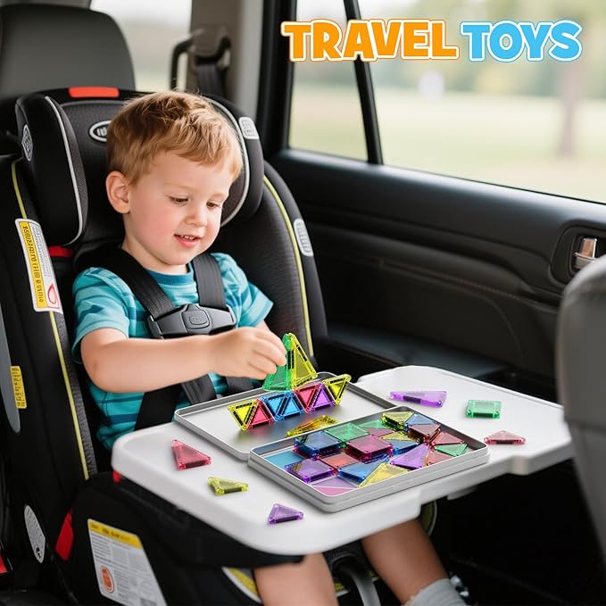 42PCS Mini Magnetic Tiles Travel Set with Iron Storage Box - Portable STEM Building Blocks for Kids 3-8, Montessori Educational Magnet Toys for Airplane, Car Rides & On-The-Go Play
