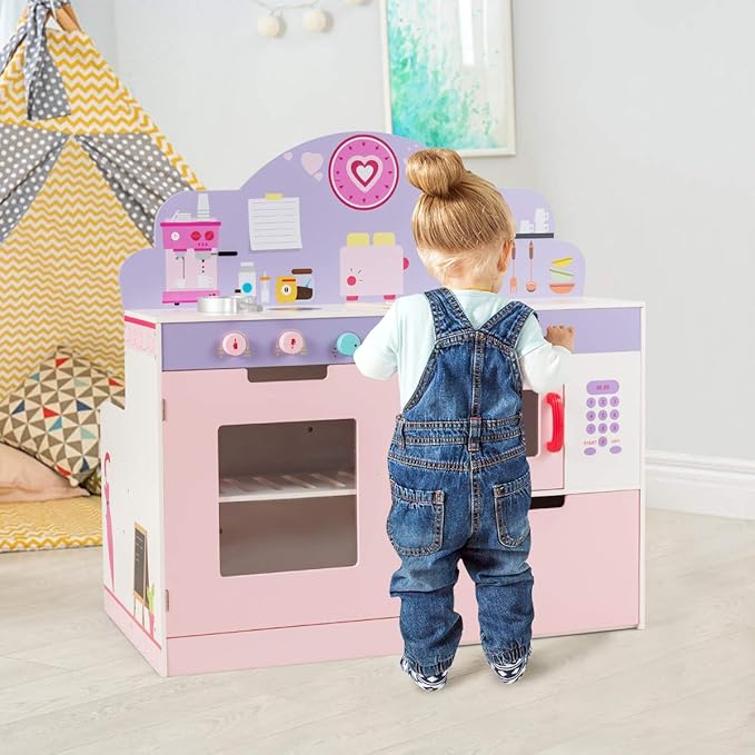 HONEY JOY Pink Kids Kitchen Playset, Double Side Little Chef Play Kitchen for Toddler & Cafe Shop, Cooking Utensil, Microwave, Storage Cabinet, Wooden Pretend Play Toy Kitchen Set, Gift for Boys Girls