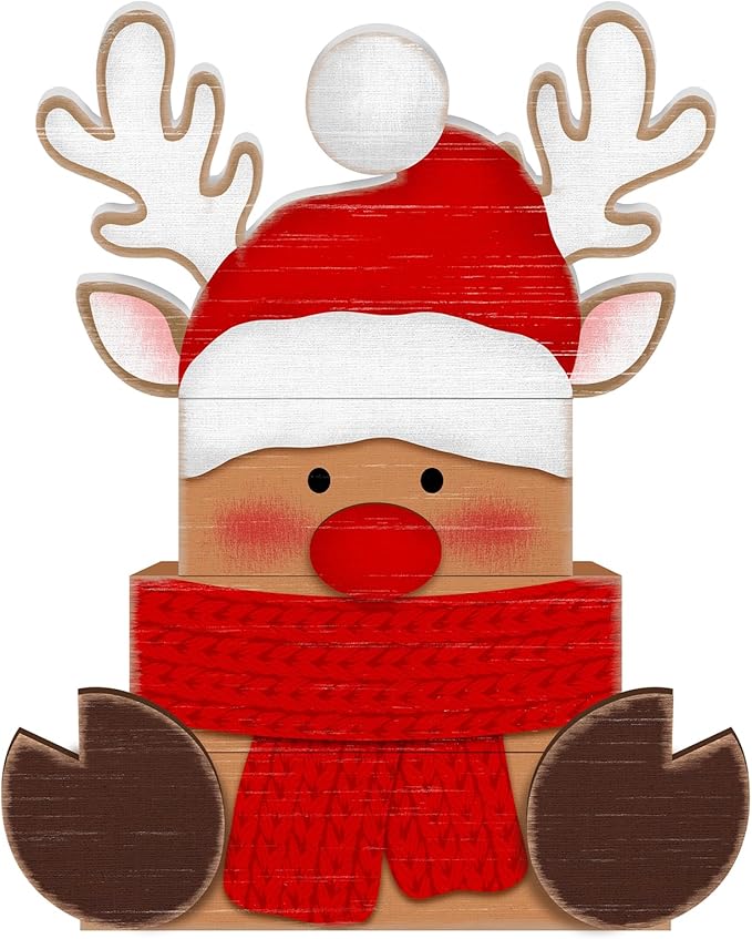 Britimes 4 Pcs Christmas Reindeer Table Decor Christmas Tiered Tray Decorations Set Red Nose Reindeer with Scarf Block Signs Gift Rustic Farmhouse Tabletop Decor for Table & Home Office