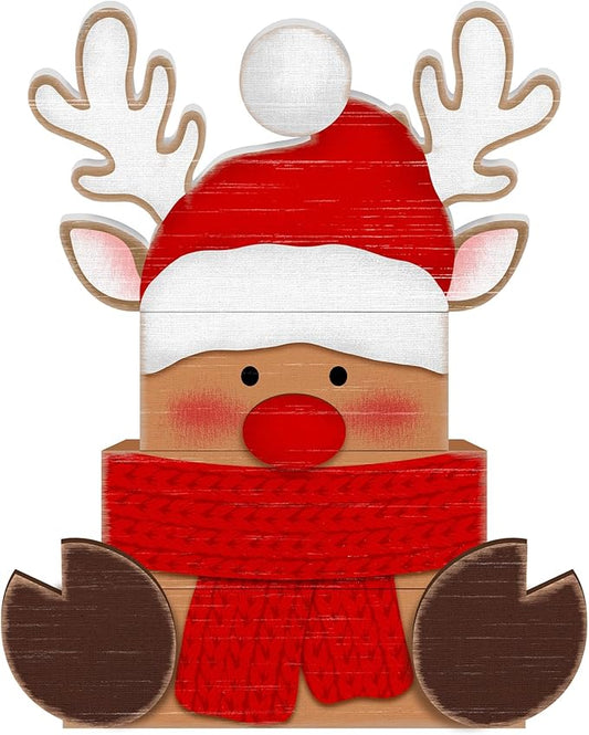 Britimes 4 Pcs Christmas Reindeer Table Decor Christmas Tiered Tray Decorations Set Red Nose Reindeer with Scarf Block Signs Gift Rustic Farmhouse Tabletop Decor for Table & Home Office