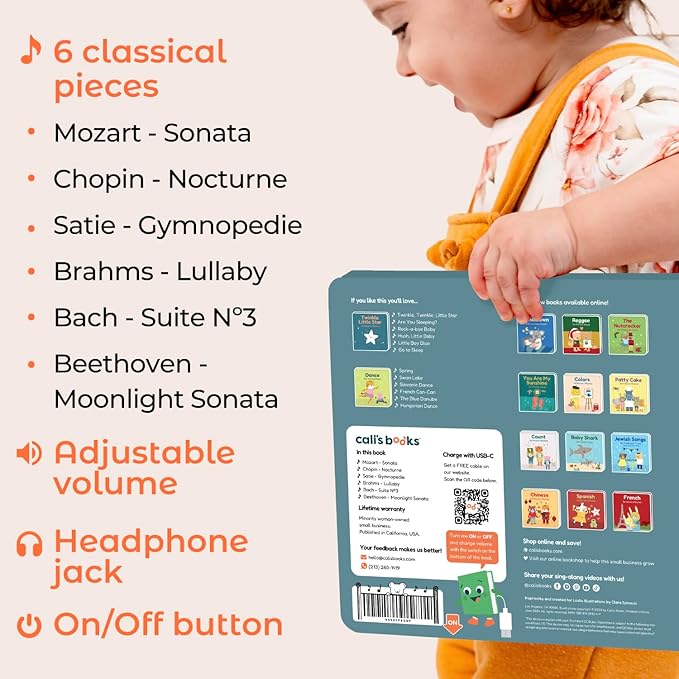 Cali's Books Bedtime Musical Book for Babies and Toddlers 1-3, USB-C Rechargeable, Headphone Jack, 6 Classical and Relaxing Pieces, Sound Book for Sleep & Relaxation