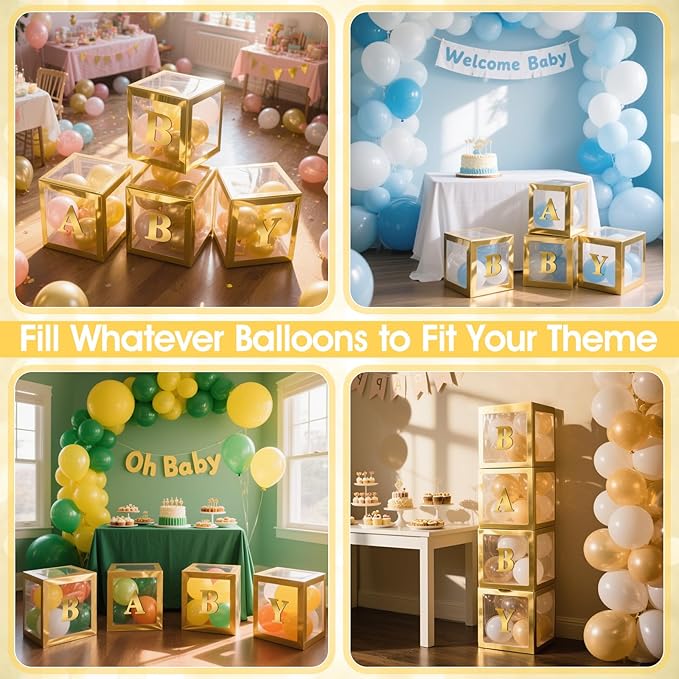 Ledido Baby Boxes with Letters for Baby Shower Decorations, 4 pcs Clear Baby Balloon Boxes Blocks for Baby Shower Decor with Letters for Boy Girl Gender Reveal Decorations Backdrop Party (Gold)