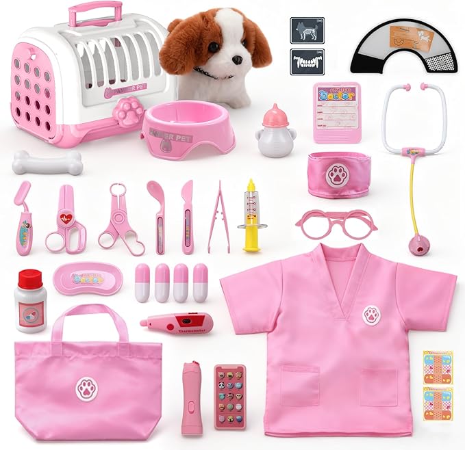 UBeesize Dog Toy Doctor Kit for Toddlers 3-5, Kids Doctor Play Set with Plush Dog, Medical Toy Kits and Costume, Pretend Vet Playset for 3 4 5 6 Year Old Girls Birthday Gift Pink