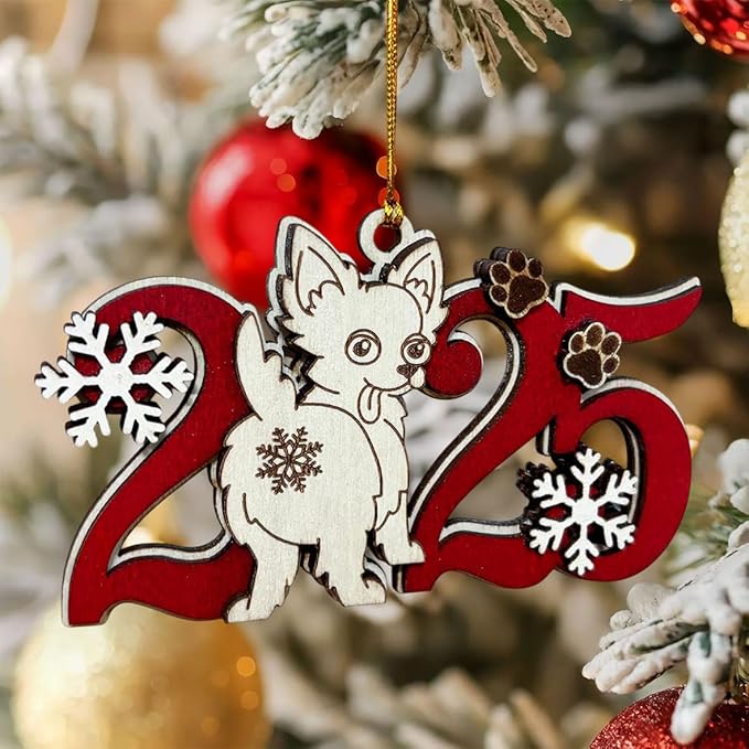 2025 Longhaired Chihuahua Christmas Ornament – Wooden Dog Ornament for Tree, Cute Puppy Holiday Decoration, Personalized Pet Lover Gift for Women, Men, Kids, Dog Mom & Dad