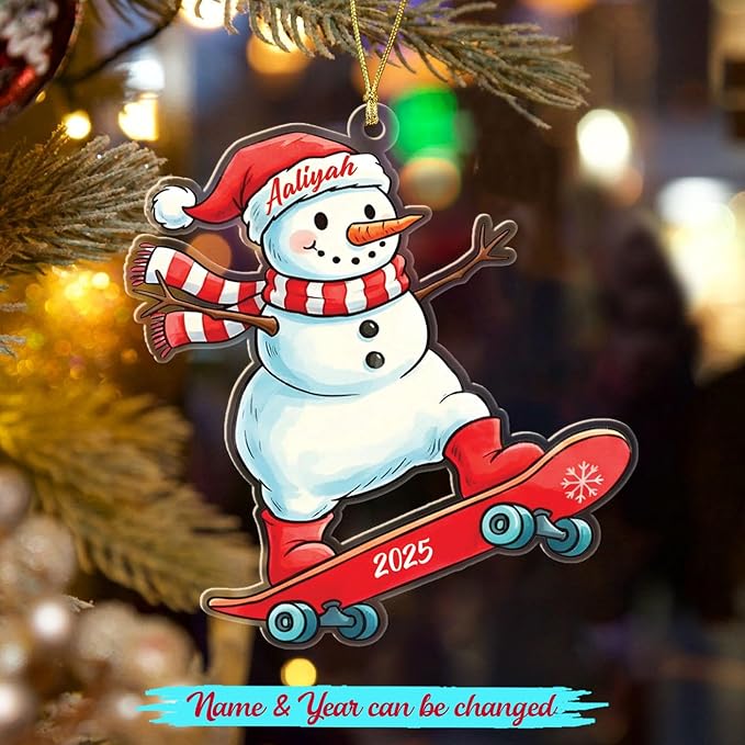 Personalized Skateboarding Snowman Shaped Ornament Gift for Men Women Skateboarder Team Coach, Custom Year Name Skateboard Player Hanging Ornament for Appreciation, Skateboarding Lover Ornaments 2025