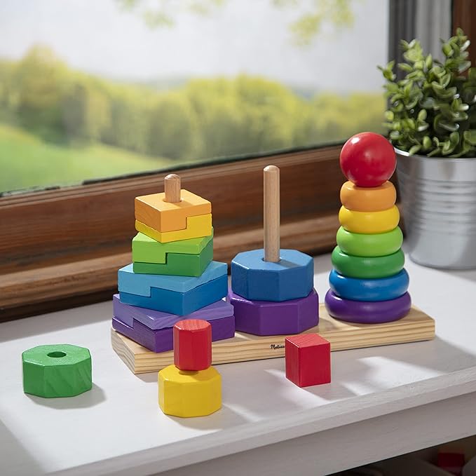 Melissa & Doug Geometric Stacker - Wooden Educational Toy Wooden Shape Sorter And Stacking Toy, Stacking Tower For Babies, Toys For Toddlers And Kids Ages 2+